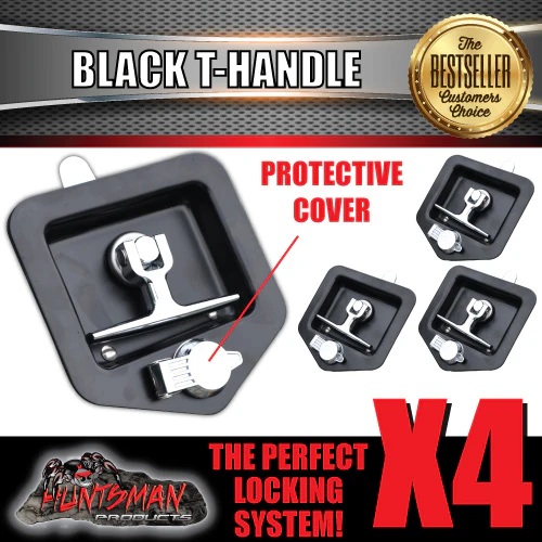 4x Black T Handle Locks & Studs. Stainless Steel, Flush Mount, Tool Box, Canopy, Trailer