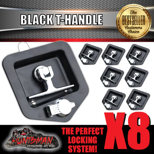 8x Black T Handle Locks & Studs. Stainless Steel, Flush Mount, Tool Box, Canopy, Trailer